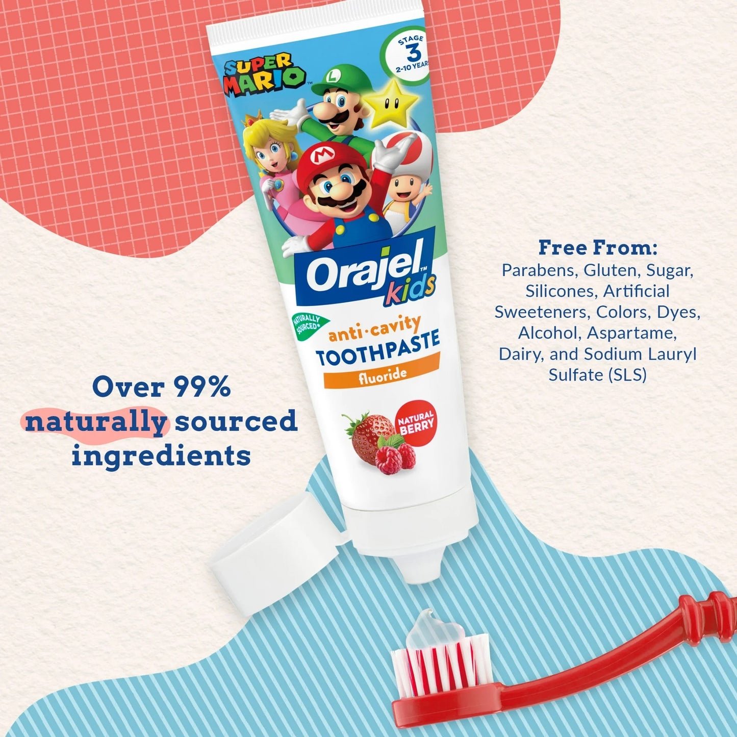 Orajel Kids Super Mario Anti-Cavity Fluoride Toothpaste, Natural Berry Flavor, 4.2oz Tube