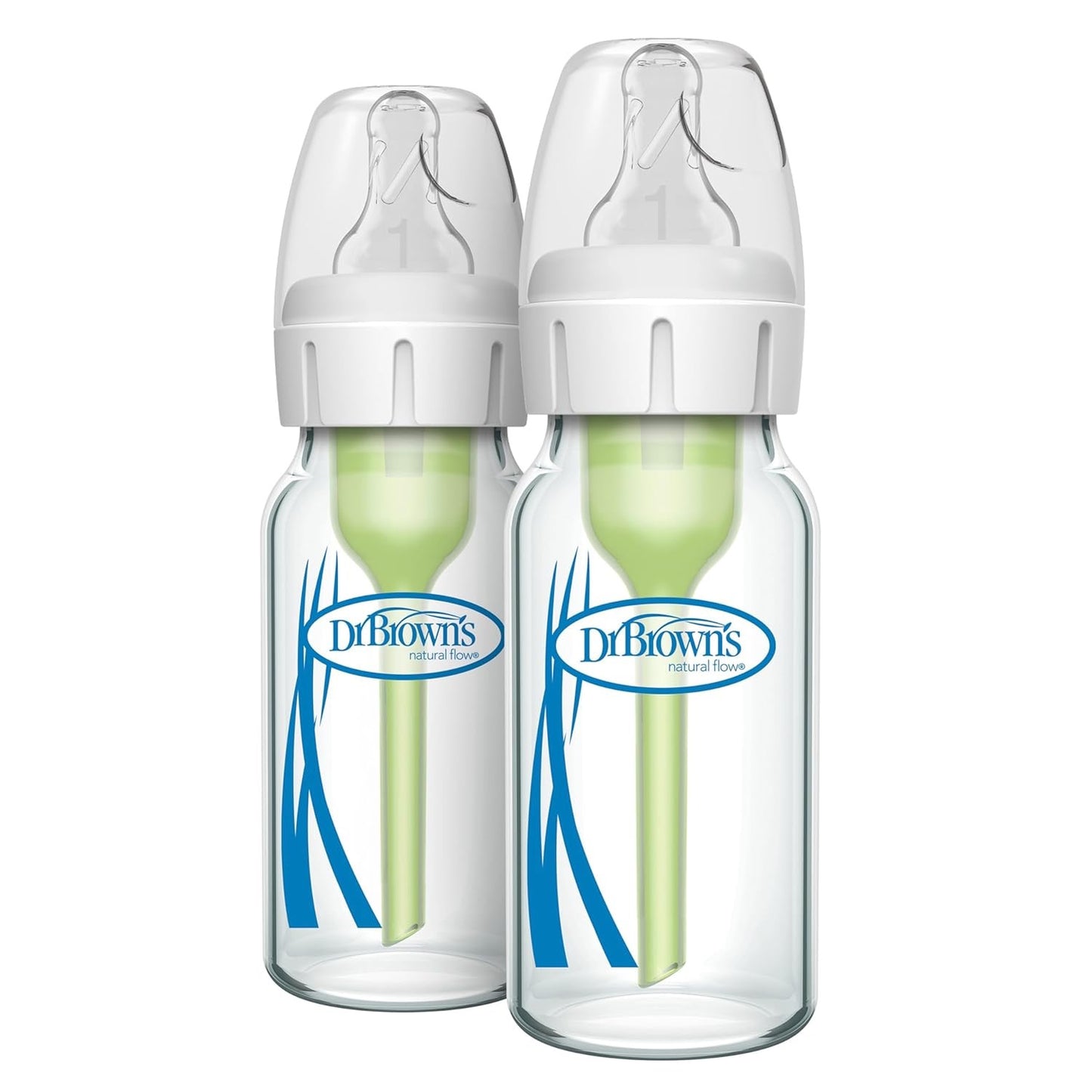 Dr. Brown's Natural Flow Anti-Colic Options+ Narrow Glass Baby Bottle, 4 oz/120 mL, with Level 1 Slow Flow Nipple, 2 Pack, 0m+