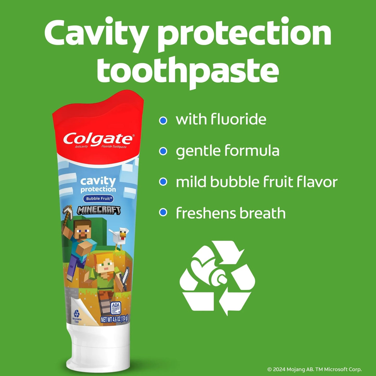 Colgate Minecraft Kids Toothpaste with Fluoride, Mild Bubble Fruit Flavor, 4.6 oz