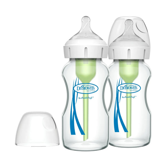 Dr. Brown's Anti-Colic Options+ Wide-Neck Glass Baby Bottle, 9 oz/270 ml, Slow Flow Nipple, BPA Free, 0m+, 2 Pack