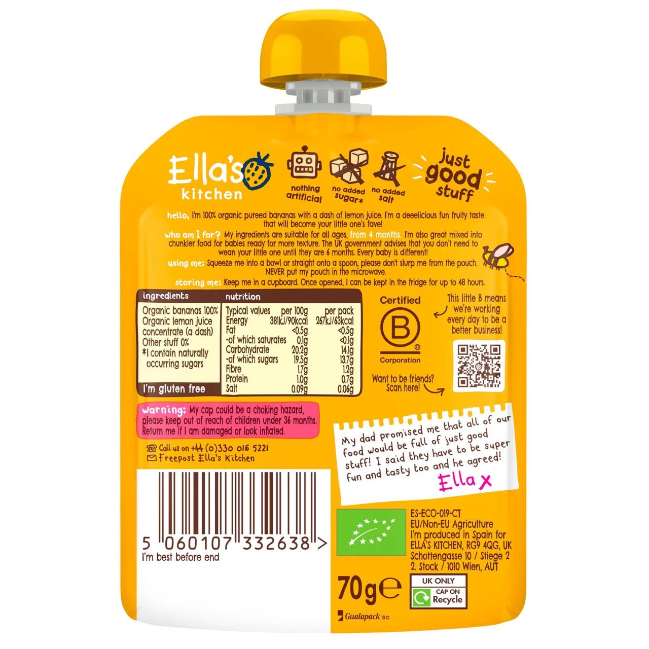 Ella's Kitchen Bananas Bananas First Tastes Baby Food Pouch 4+ Months