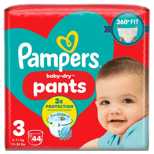 Pampers Baby-Dry Nappy Pants Size 3, 44 Nappies, 6kg - 11kg, Essential Pack