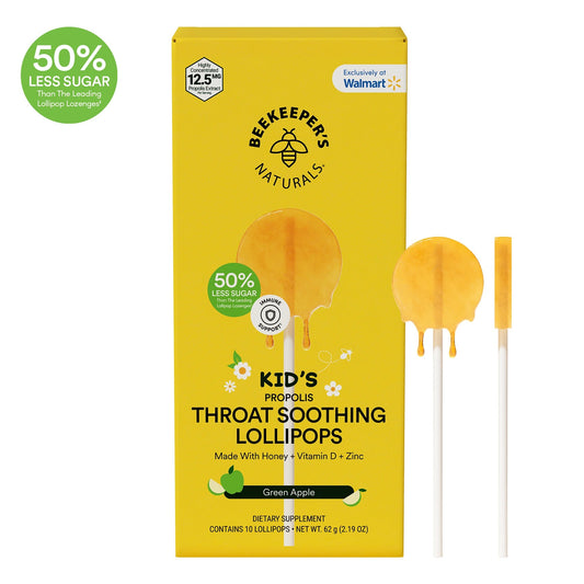 Beekeeper's Naturals Kids Green Apple Throat Soothing Lollipops with Propolis and Vitamin D