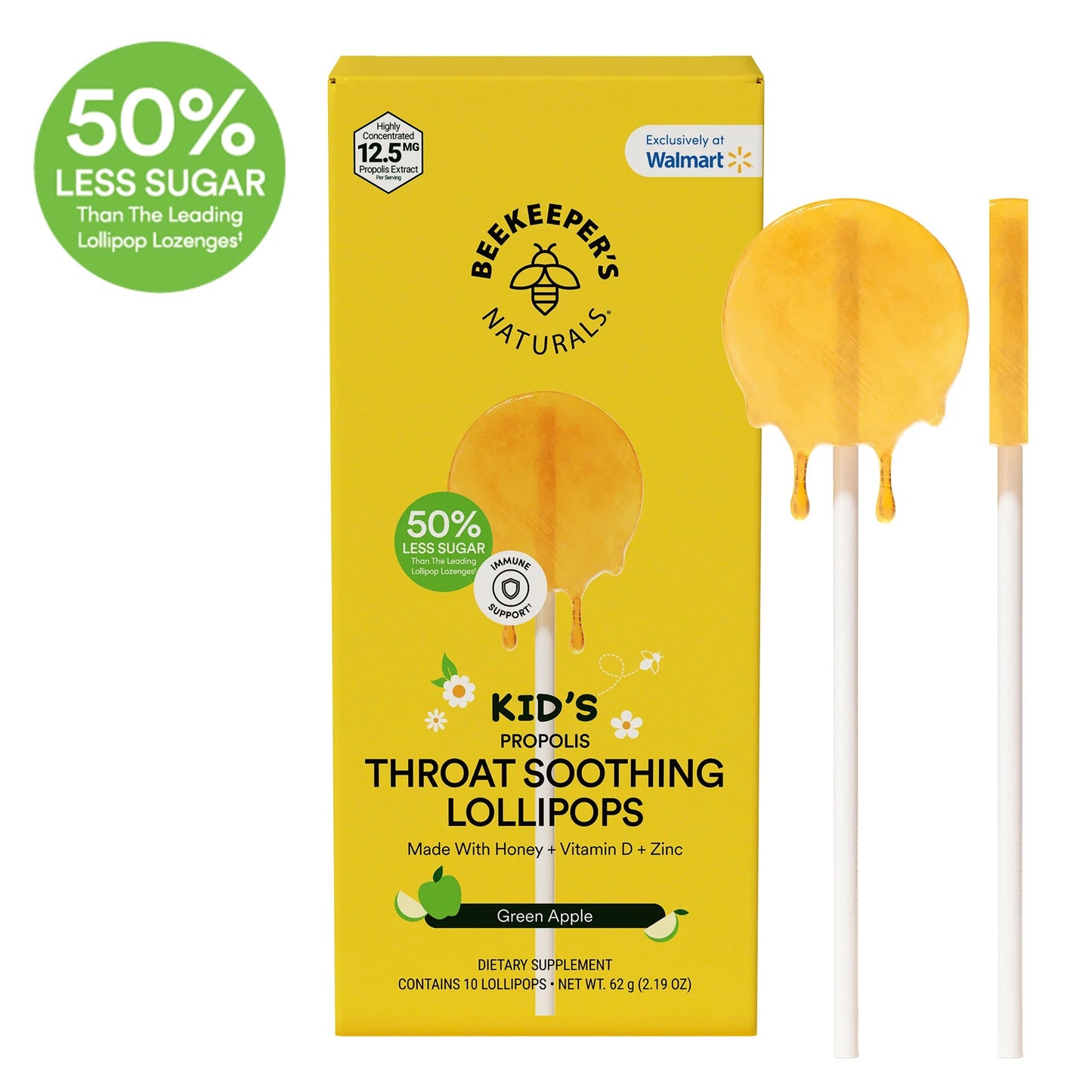 Beekeeper's Naturals Kids Green Apple Throat Soothing Lollipops with Propolis and Vitamin D