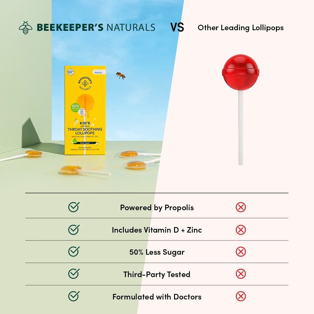 Beekeeper's Naturals Kids Green Apple Throat Soothing Lollipops with Propolis and Vitamin D