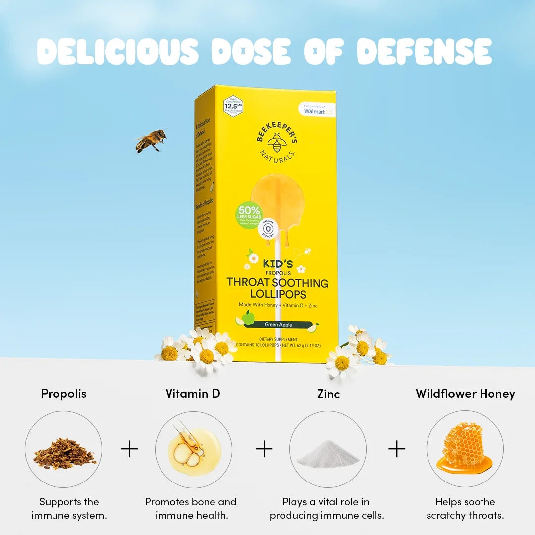 Beekeeper's Naturals Kids Green Apple Throat Soothing Lollipops with Propolis and Vitamin D