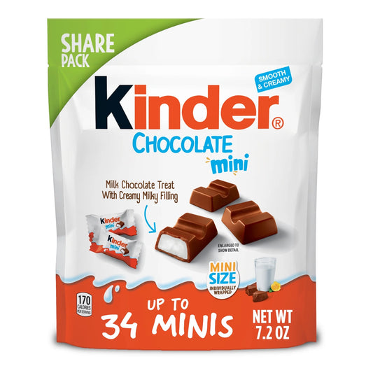 Kinder Chocolate Mini, 7.2 oz, Up to 34 Minis, Milk Chocolate Bar with Creamy Milky Filling, Individually Wrapped Candy Share Pack