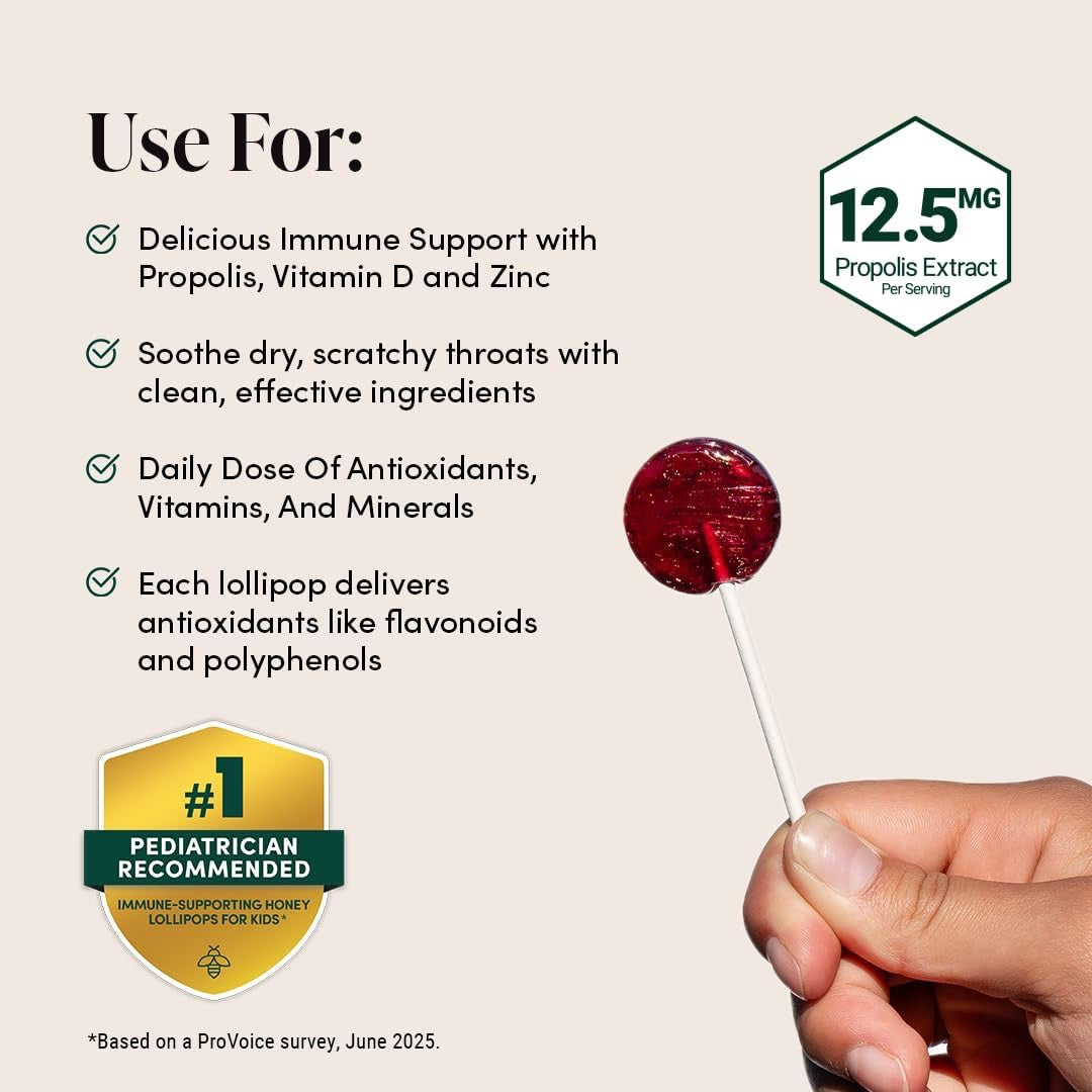 Kids Throat Soothing Lollipops by Beekeeper's Naturals - Doctor Formulated Immune Support