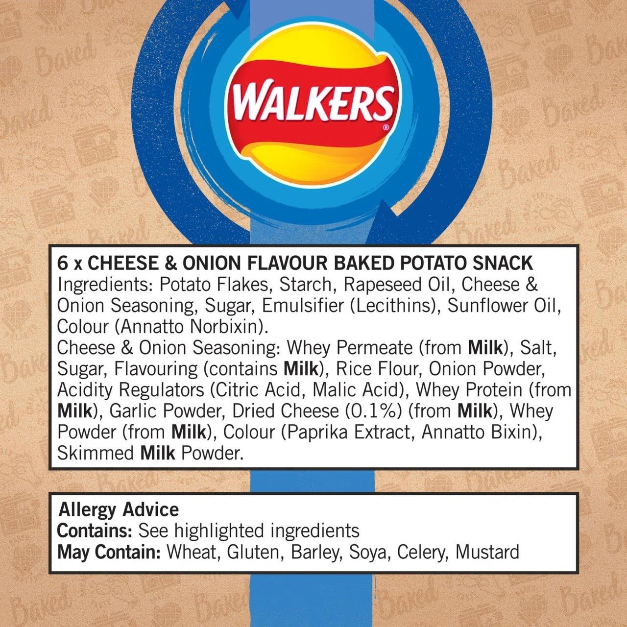 Walkers Baked Cheese & Onion Multipack Snacks Crisps 6 x 22g