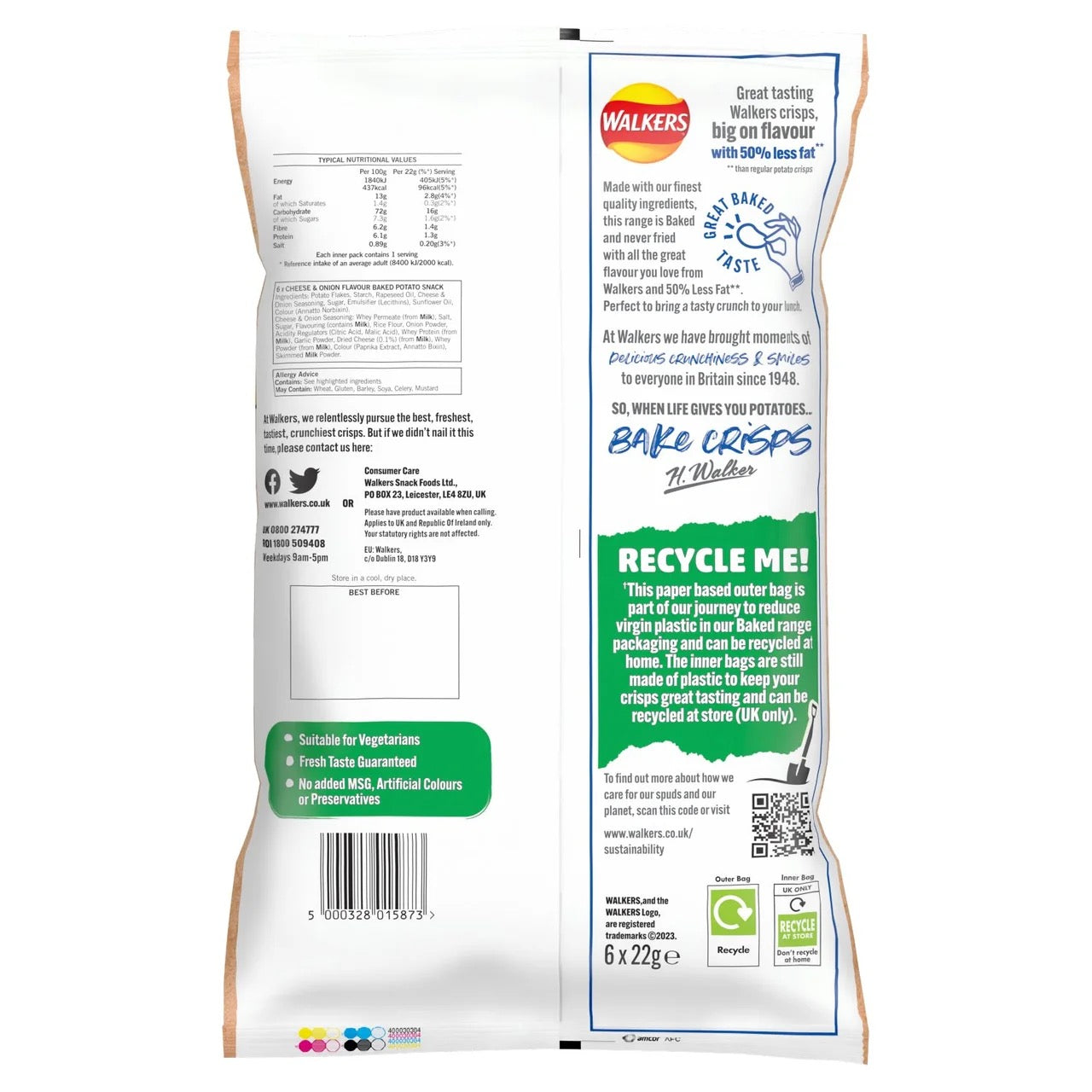 Walkers Baked Cheese & Onion Multipack Snacks Crisps 6 x 22g