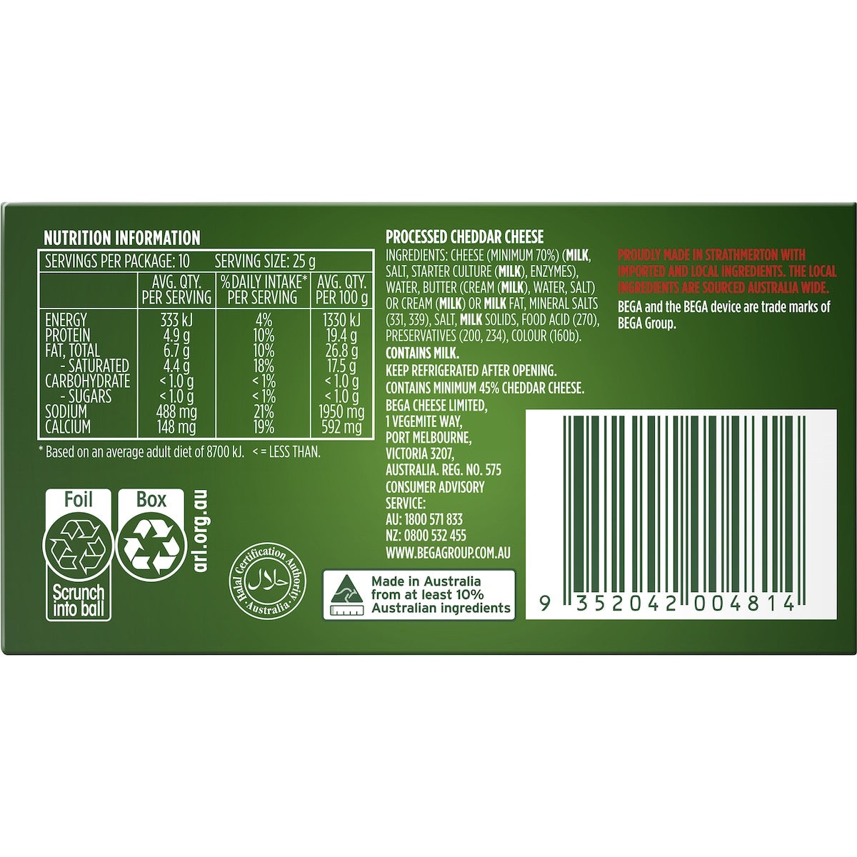 Bega Cheddar Cheese 250g