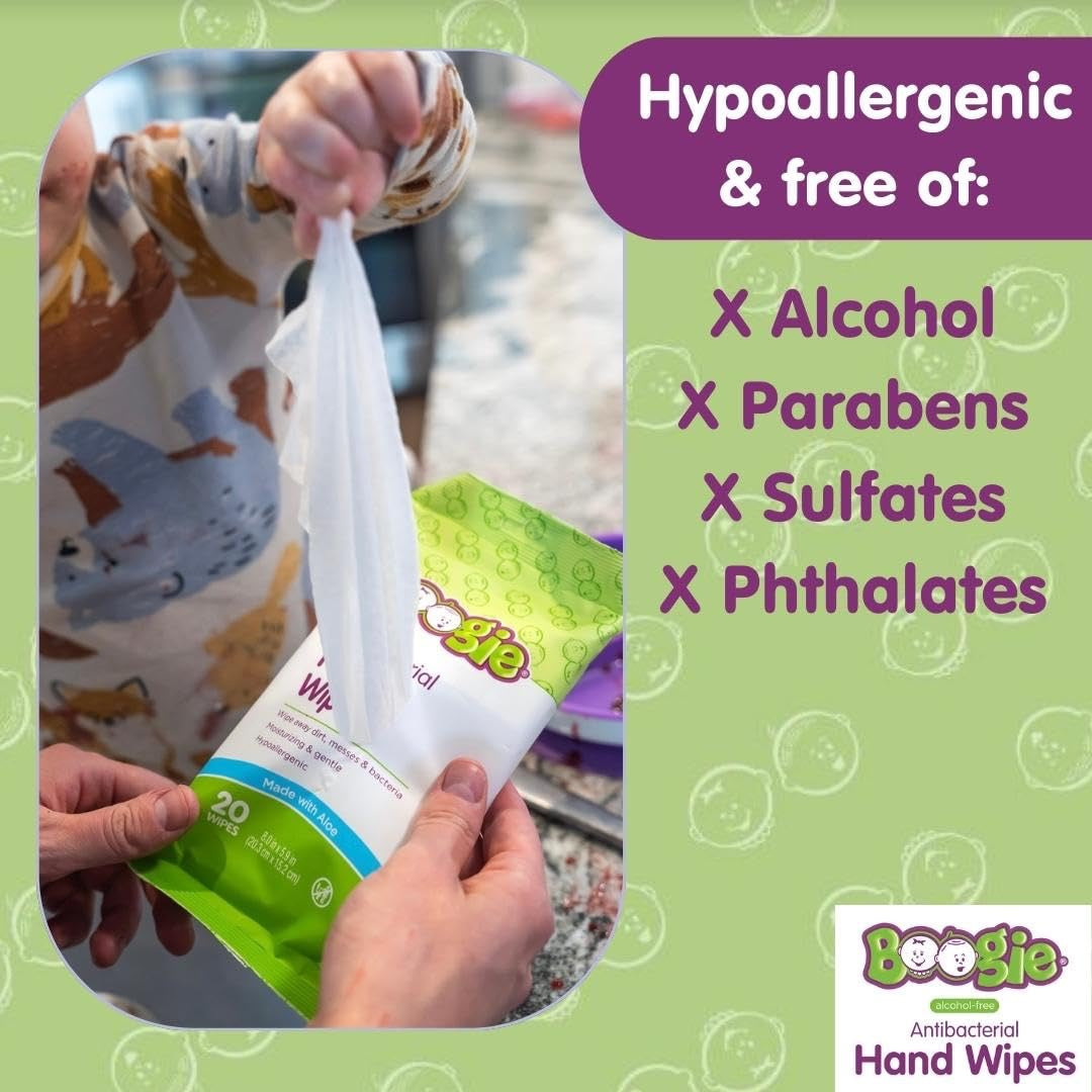 Boogie Antibacterial Hand Wipes by Boogie, Alcohol Free, Hypoallergenic and Moisturizing Aloe, for Kids and Adults -100