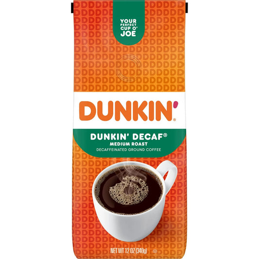 Dunkin’ Decaf Original Blend Ground Coffee, Medium Roast, 12 oz, bag