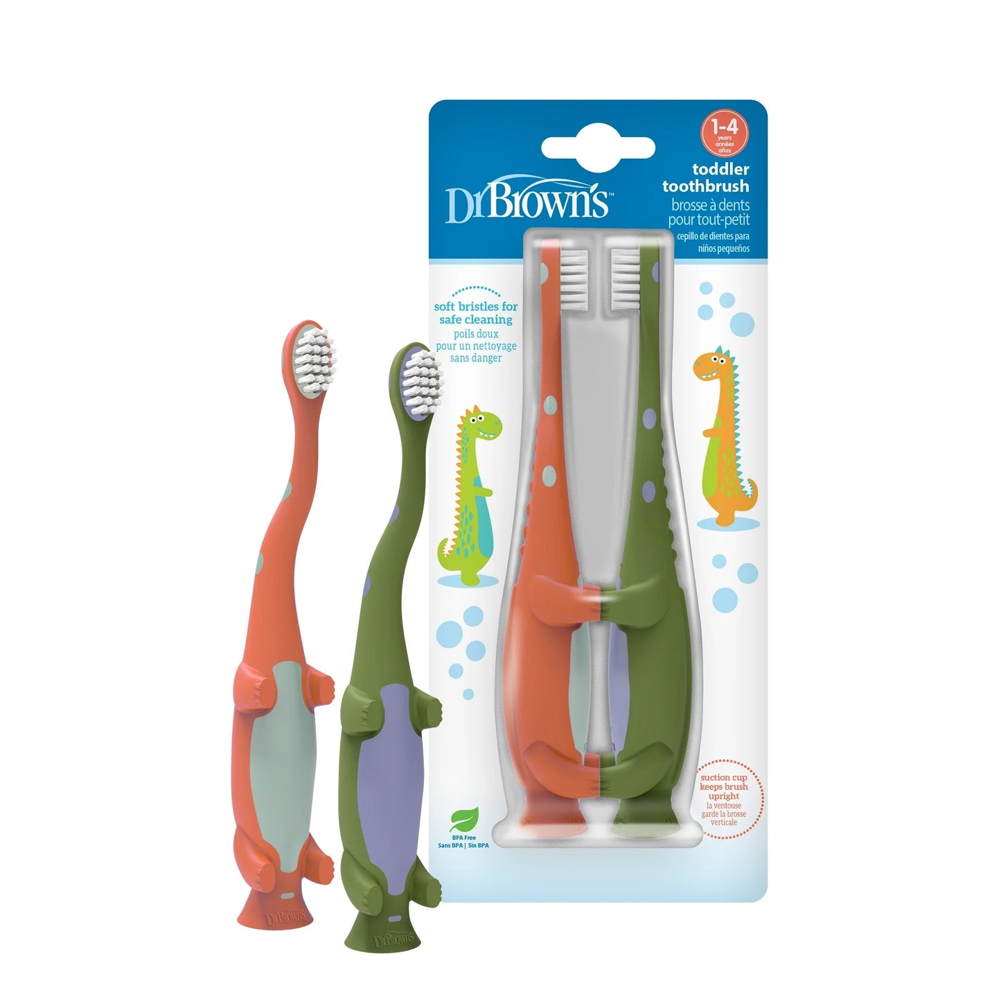 Dr. Brown's Toddler Toothbrush, Dinosaur, Green and Orange, 2-Pack