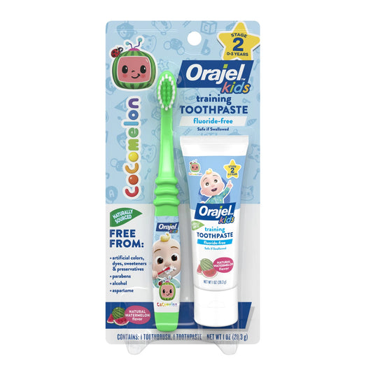 Orajel Kids CoComelon Toothbrush & Training Toothpaste Fluoride-Free Watermelon Flavor, 1 oz