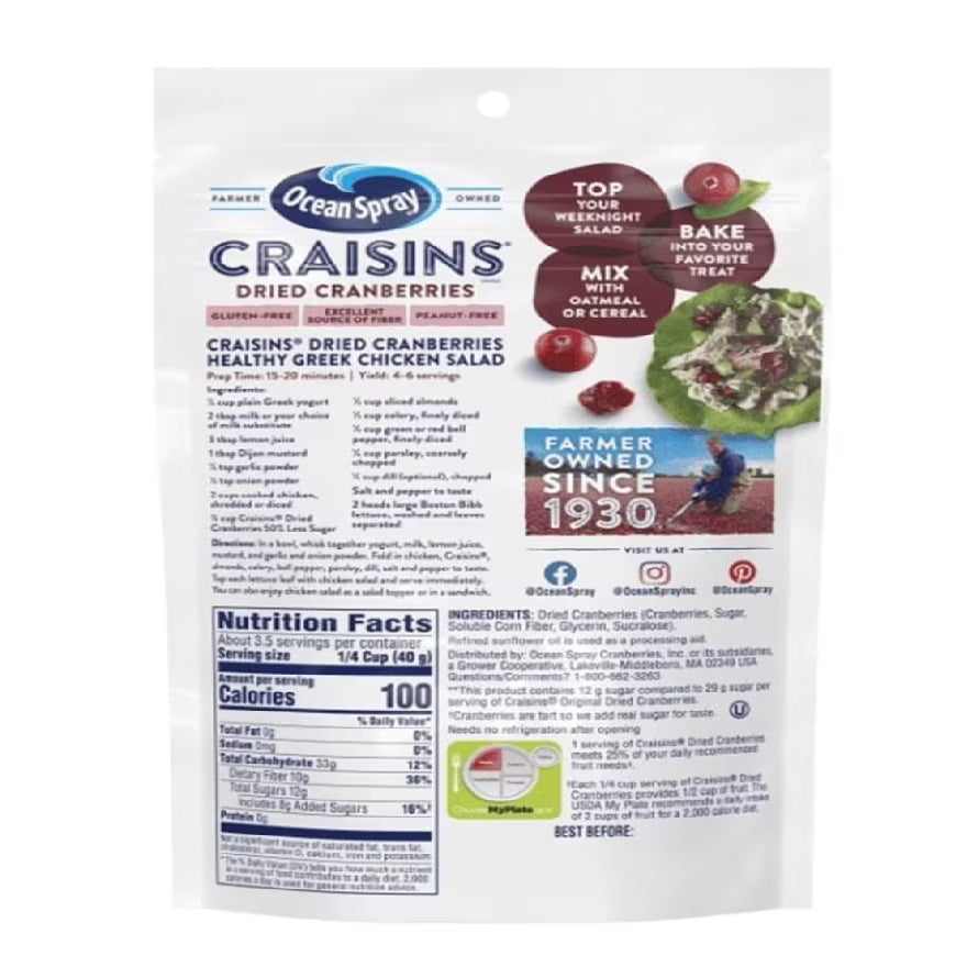 Ocean Spray Craisins 50% Less Sugar Dried Cranberries