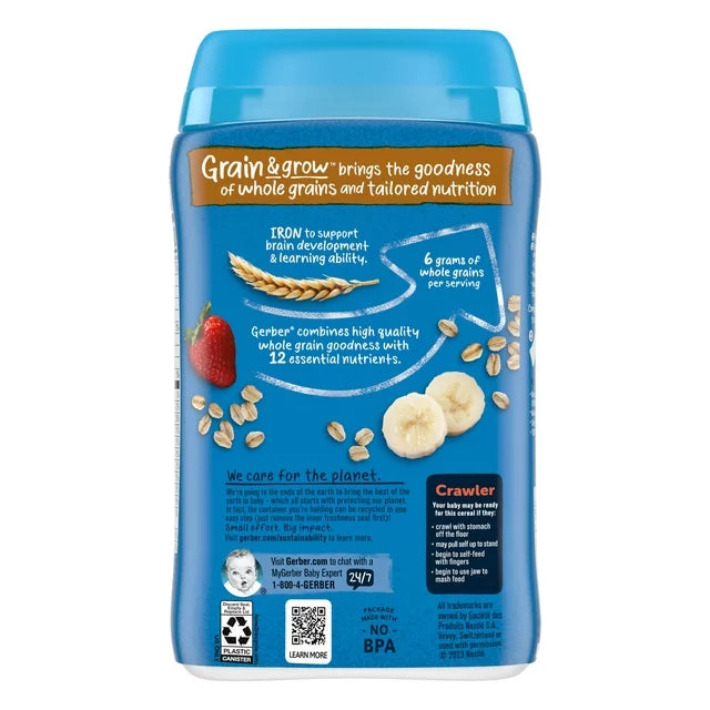 Gerber 3rd Foods Cereal for Baby Grain & Grow Lil' Bits Baby Cereal, Banana Strawberry Oatmeal, 8oz Canister