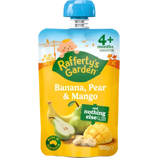 Raffertys Garden Banana Pear & Mango + Nothing Else Smooth Baby Food Pouch 4+ Months 120g