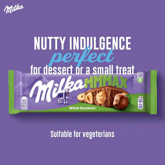 Milka Mmmax Whole Hazelnuts, Alpine Milk Chocolate with Whole Hazelnuts, 250g