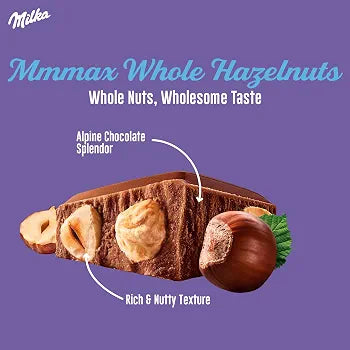 Milka Mmmax Whole Hazelnuts, Alpine Milk Chocolate with Whole Hazelnuts, 250g