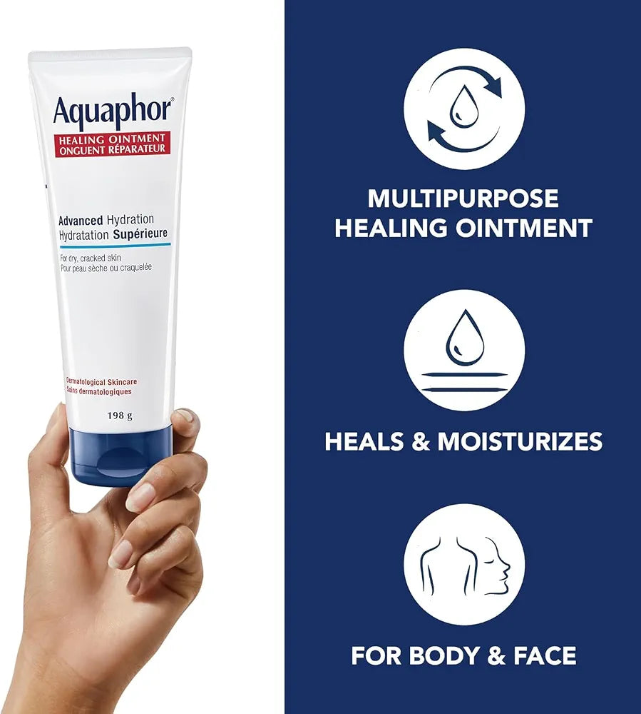 Aquaphor Healing Ointment, Multipurpose Ointment for Dry, Cracked Skin, Chafing, Cuticle Care, Fragrance Free, Non Greasy and Non Comedogenic Body Moisturizer, Dermatological Skin Care, 198g