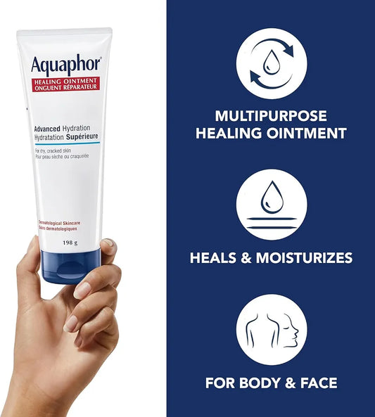 Aquaphor Healing Ointment, Multipurpose Ointment for Dry, Cracked Skin, Chafing, Cuticle Care, Fragrance Free, Non Greasy and Non Comedogenic Body Moisturizer, Dermatological Skin Care, 198g