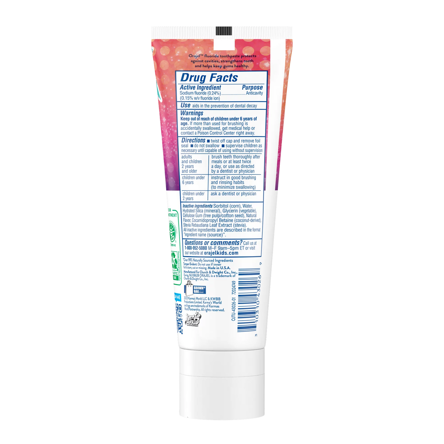 Orajel Kids Karma’s World Anti-Cavity Fluoride Toothpaste, Natural Bubblegum Beats, 4.2oz Tube