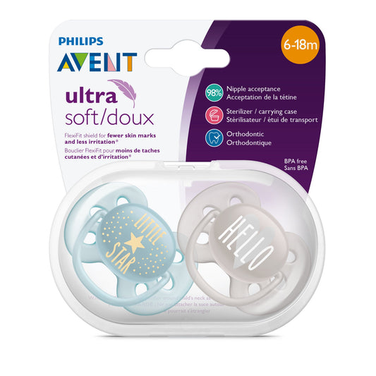 Philips Avent Ultra Soft Pacifier, 6-18 Months, Little Star and Hello Designs, 2 Pack