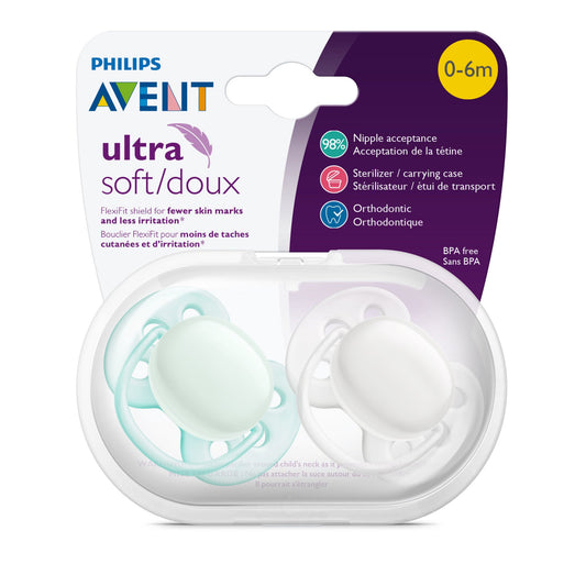 Philips Avent Ultra Soft Pacifier, 0-6 Months, Arctic White / Green, 2 Pack,