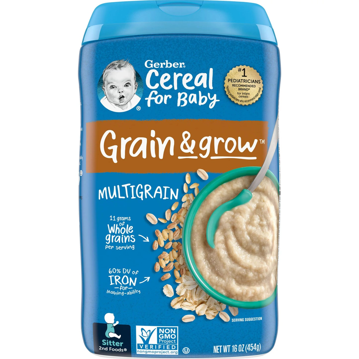 Gerber 2nd Foods Cereal for Baby Grain & Grow Baby Cereal, Multigrain, 16 oz Canister