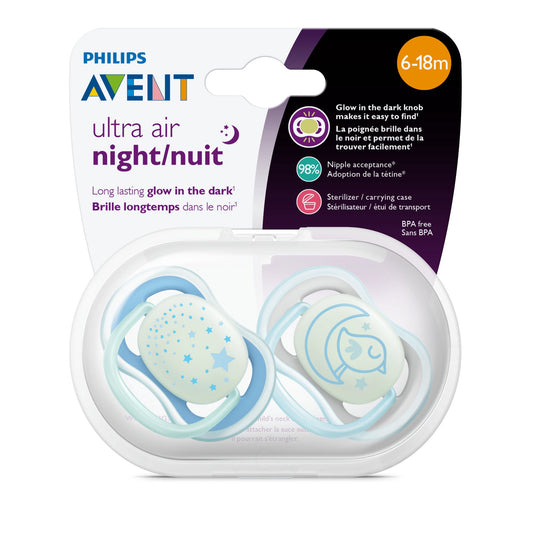 Philips Avent Ultra Air Nighttime Pacifier, 6-18 Months, Blue, 2 Pack