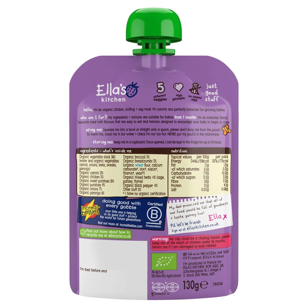Ella's Kitchen Organic Chicken Roast Dinner Pouch, 7 mths+ 130g