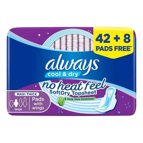 Always Cool & Dry No Heat Feel Maxi Thick Large Sanitary Pads with Wings 50 pad count