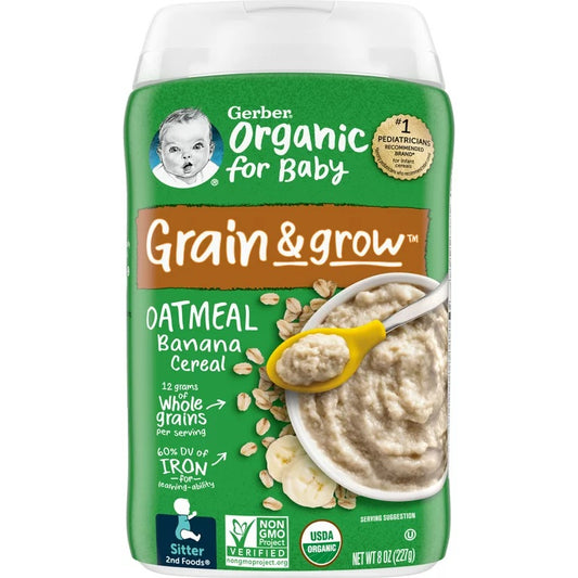 Gerber 2nd Foods Organic for Baby Grain & Grow Oatmeal Baby Cereal, Banana, 8 oz Canister