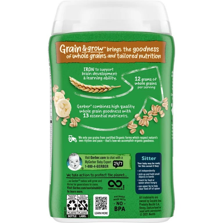 Gerber 2nd Foods Organic for Baby Grain & Grow Oatmeal Baby Cereal, Banana, 8 oz Canister