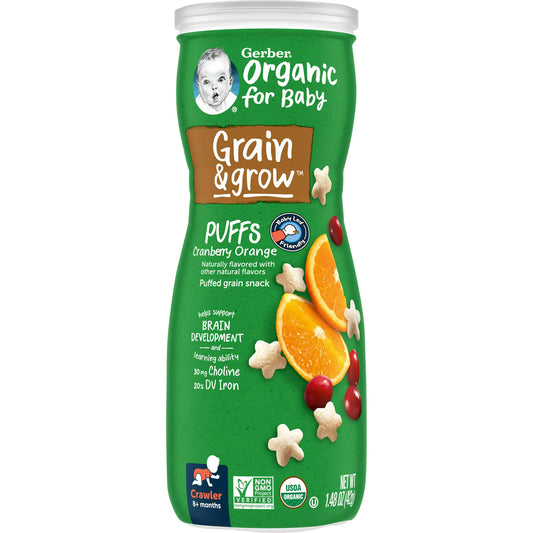 Gerber 2nd Foods Organic for Baby Grain & Grow Puffs, Cranberry Orange, 1.48 oz Canister
