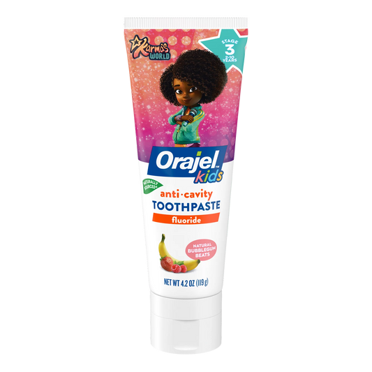 Orajel Kids Karma’s World Anti-Cavity Fluoride Toothpaste, Natural Bubblegum Beats, 4.2oz Tube