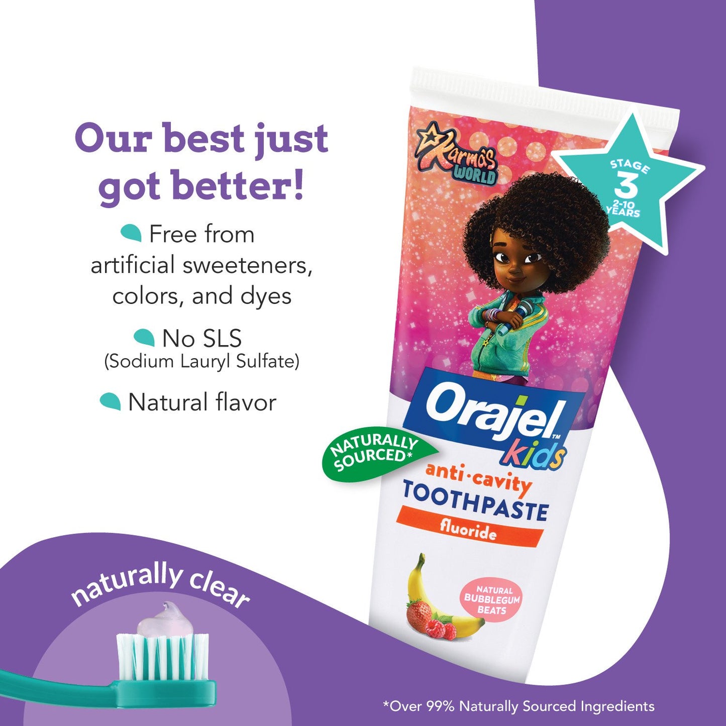 Orajel Kids Karma’s World Anti-Cavity Fluoride Toothpaste, Natural Bubblegum Beats, 4.2oz Tube